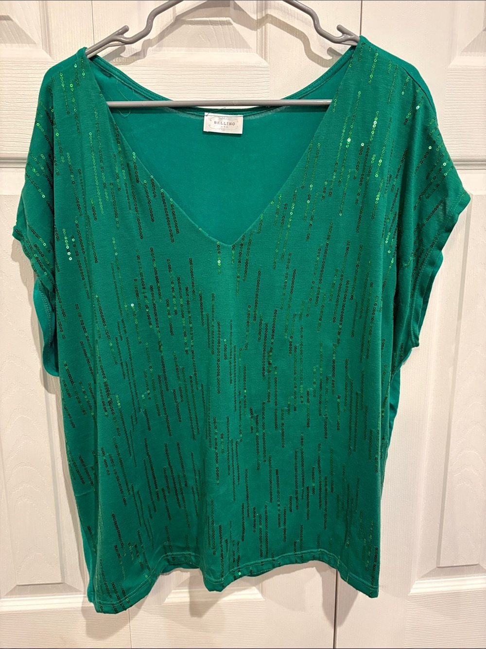 Bellino Clothing Emerald Green Sequin V-Neck Short Sleeve Top